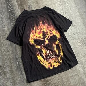 Black T-Shirt with Flaming Skull Design